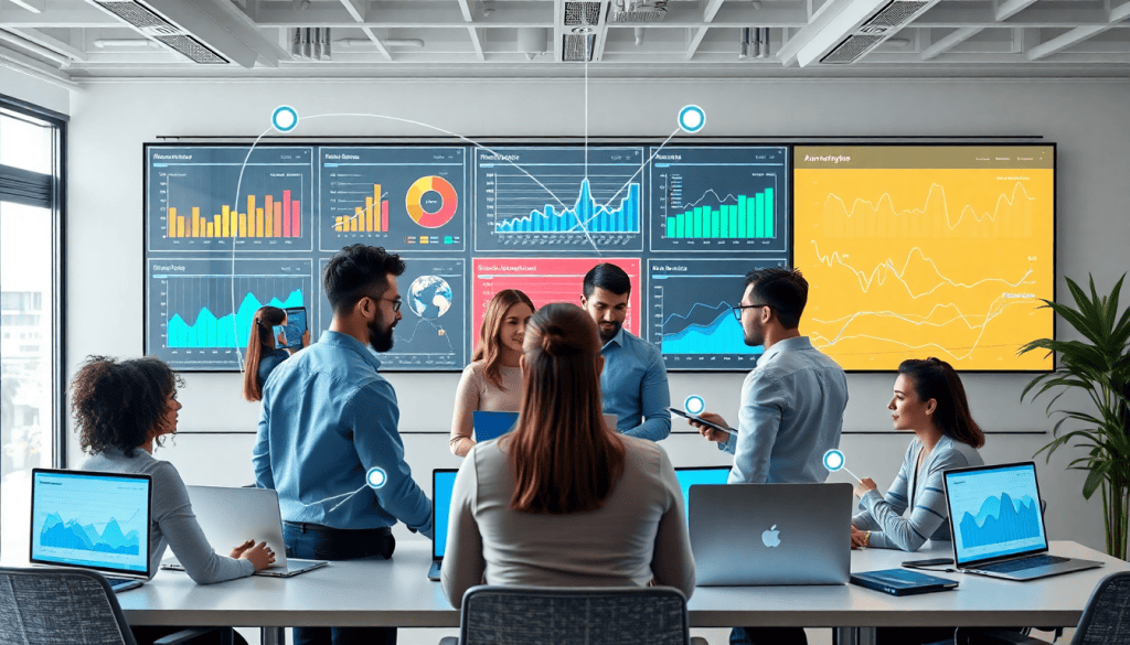 Marketing team using AI data visualization tool for marketing analytics automation, featuring AI reporting assistant, automated dashboard creation, cross-channel performance tracking, and ROI tracking dashboard on the TapClicks AI platform for campaign performance insights.