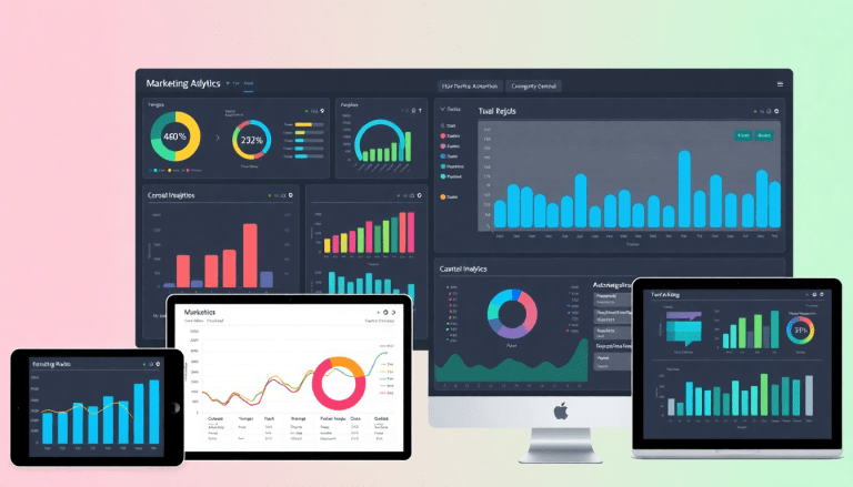 Marketing analytics dashboard displaying cross-channel analytics, automated performance reports, and digital marketing data visualization on multiple devices, ideal for agency reporting automation.
