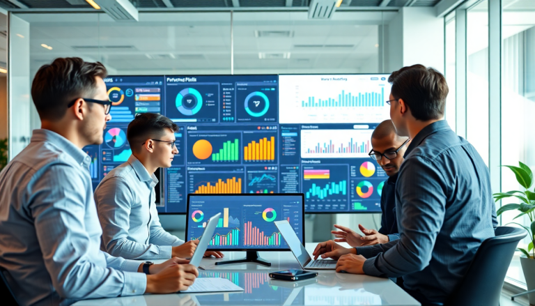 Marketing team using AI data visualization tool for marketing analytics automation, featuring an AI reporting assistant and automated dashboard creation for cross-channel performance tracking.