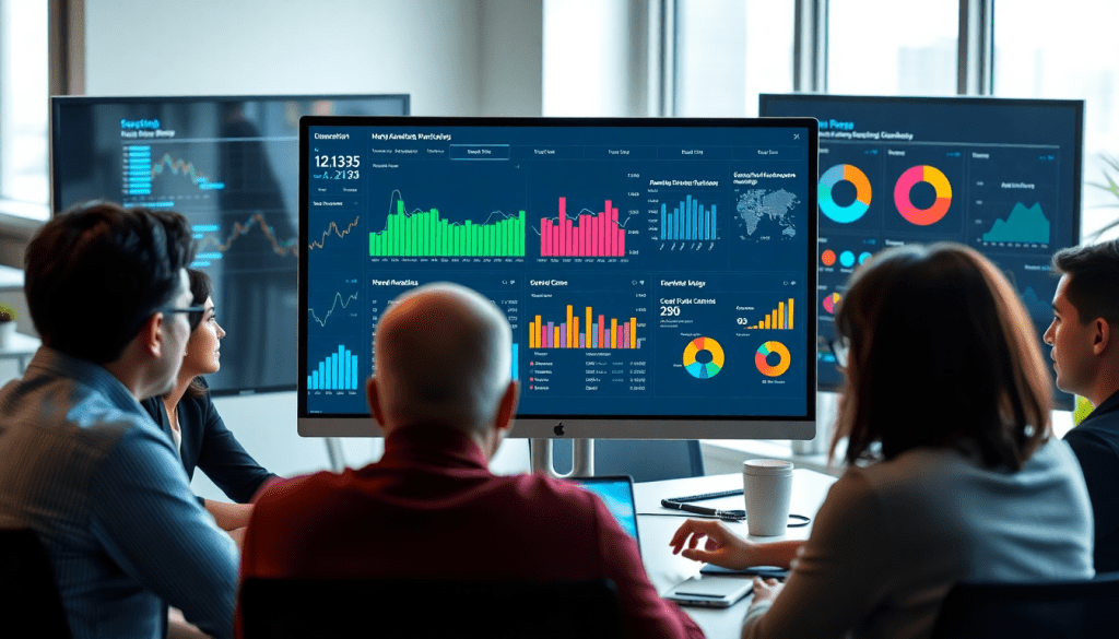 Group of professionals analyzing a marketing dashboard automation system, featuring cross-channel analytics and client dashboard insights for automated performance reports, using a Tapclicks reporting platform with Funnel.io comparison, focused on digital marketing data visualization and performance marketing KPIs.