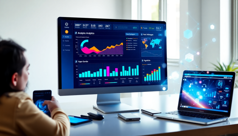 AI-powered marketing dashboard showcasing automated reporting workflows, real-time marketing analytics, and campaign performance dashboard on desktop and laptop screens.
