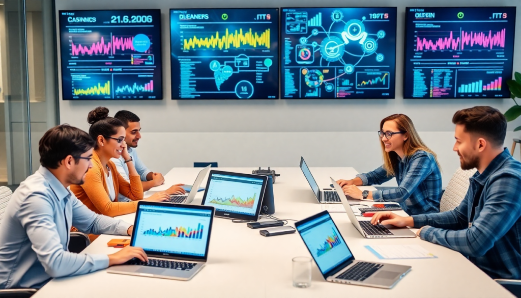 Team using laptops for automated marketing reports and agency reporting automation in a client dashboard platform meeting with data analytics displayed on screens.