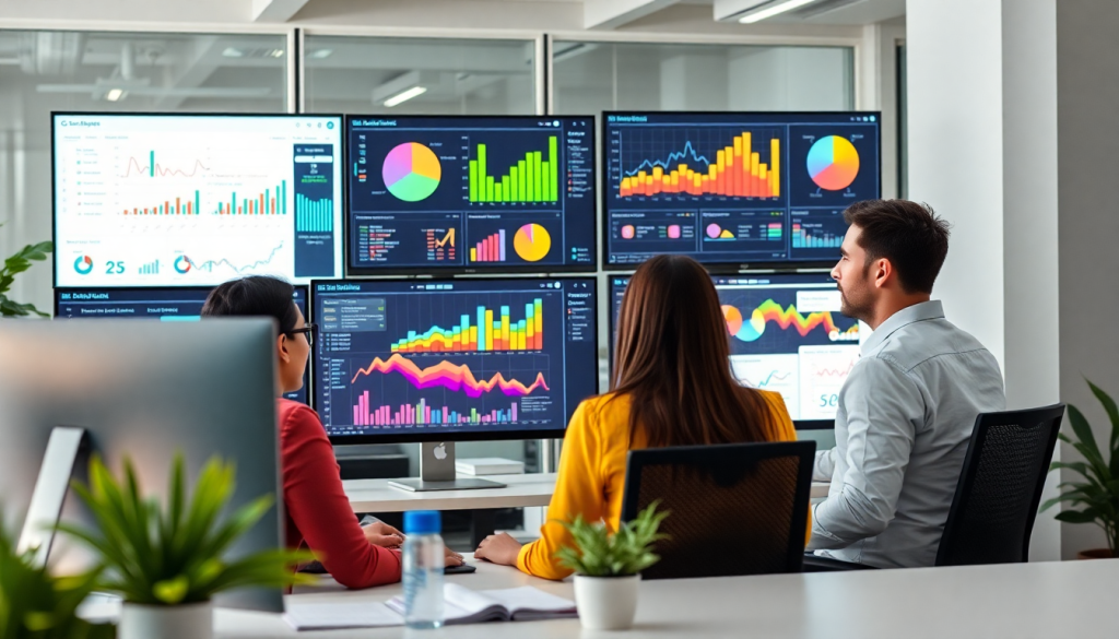 Three colleagues analyzing marketing analytics dashboard with charts on multiple screens, focusing on automated performance reports, agency reporting automation, and cross-channel analytics for client dashboard insights, exploring Supermetrics alternative and Tapclicks reporting platform for digital marketing data visualization and performance marketing KPIs, in comparison to Funnel.io.