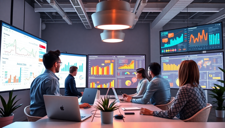AI data visualization tool for marketing teams showcasing automated marketing analytics, AI-powered dashboards, and cross-channel visualization in a collaborative office setting.