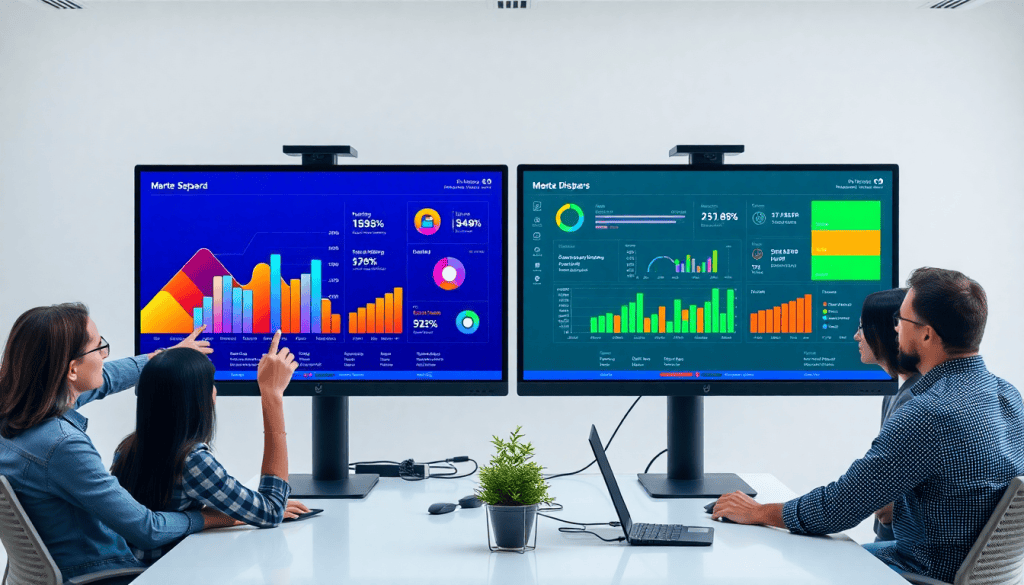 Team discussing marketing dashboard automation with multiple analytics screens displaying automated performance reports and cross-channel KPIs, featuring insights from the TapClicks reporting platform and Funnel.io comparison.