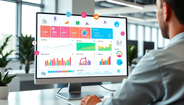AI data visualization tool for marketing teams on a desktop screen displaying automated dashboard creation, cross-channel performance tracking, and ROI tracking dashboard, enhancing marketing analytics automation and campaign performance insights.