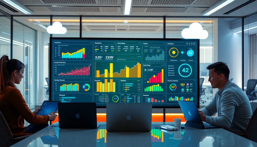 AI data visualization tool for marketing teams in action, showcasing features like marketing analytics automation, AI reporting assistant, automated dashboard creation, and cross-channel performance tracking on a digital screen in a modern office setting.