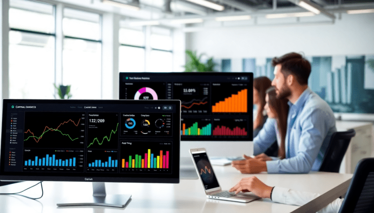 Performance marketing reporting software displaying automated campaign reporting, ad spend optimization dashboard, and digital advertising insights in an office setting.