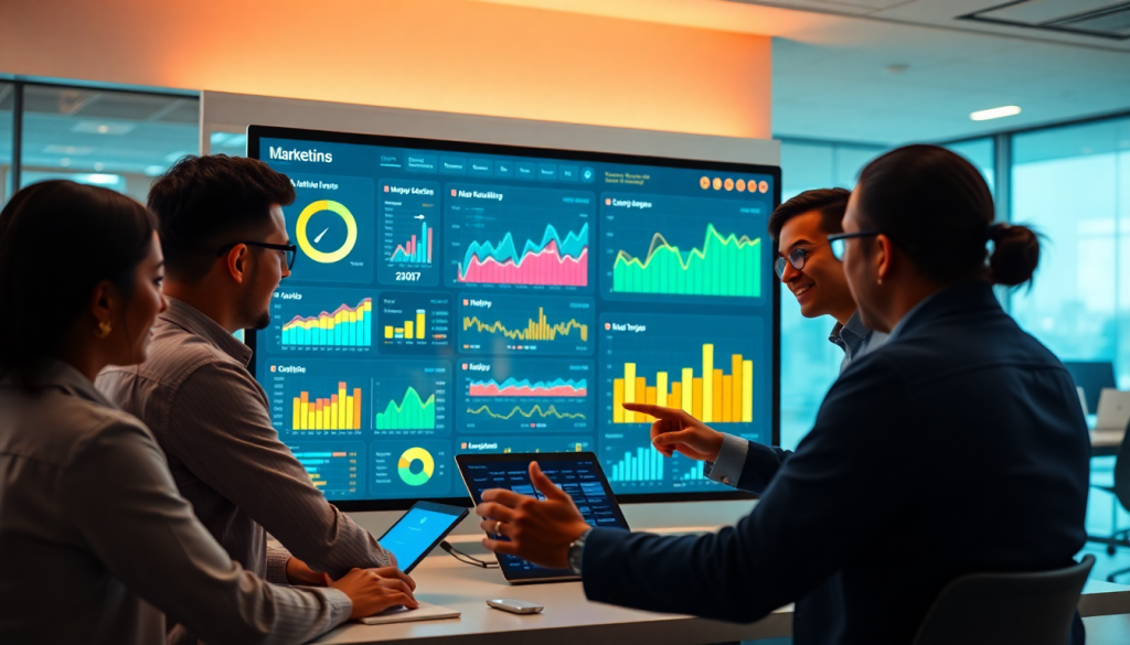 Team using AI data visualization tool for marketing analytics automation, featuring an AI reporting assistant, automated dashboard creation, cross-channel performance tracking, and marketing intelligence automation on a Tapclicks AI platform.