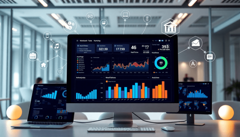 AI-powered TapClicks marketing dashboard showcasing automated reporting workflows, real-time marketing analytics, and multi-channel data aggregation in a modern office setting.