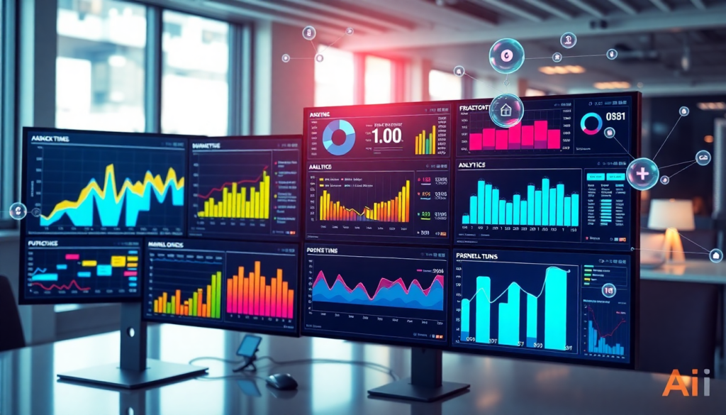 AI-powered marketing dashboard with real-time analytics and automated reporting workflows on multiple screens in an office setting, showcasing TapClicks marketing dashboard features.