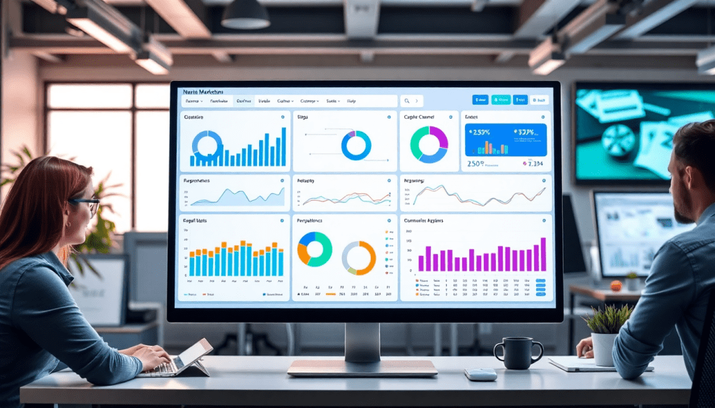 Digital marketing KPI dashboard displaying marketing metrics visualization, performance tracking, and campaign KPI monitoring in an office setting with two people analyzing data.
