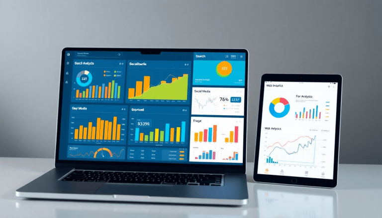 Multi-channel analytics dashboard displaying cross-channel marketing analytics, performance tracking, and campaign performance visualization on a laptop and tablet for unified reporting.