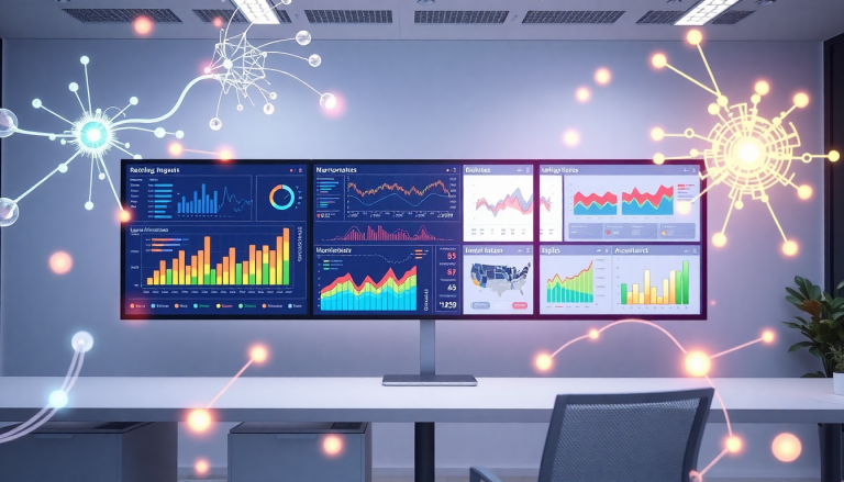 AI-powered marketing dashboard displaying real-time analytics and automated reporting workflows, showcasing multi-channel data aggregation and cross-platform dashboard building.