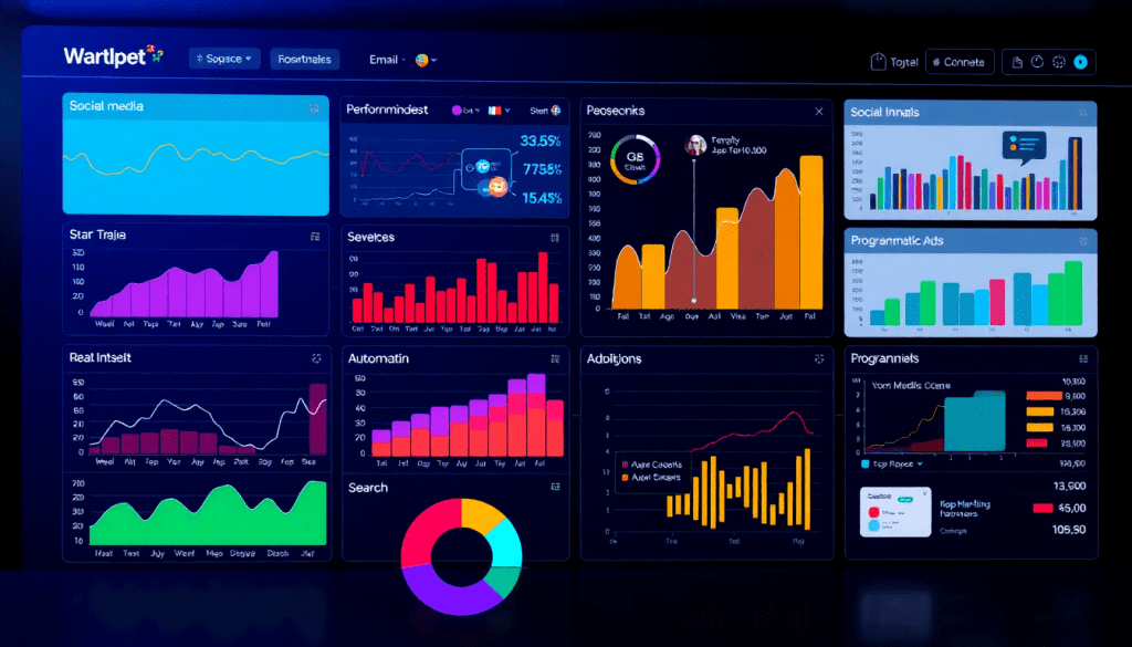 Multi-channel analytics dashboard displaying cross-channel marketing analytics, performance tracking, marketing data aggregation, and campaign performance visualization for ROI tracking and automated insights.