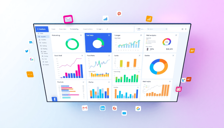 Multi-channel analytics dashboard displaying cross-channel marketing analytics with performance tracking and campaign performance visualization.