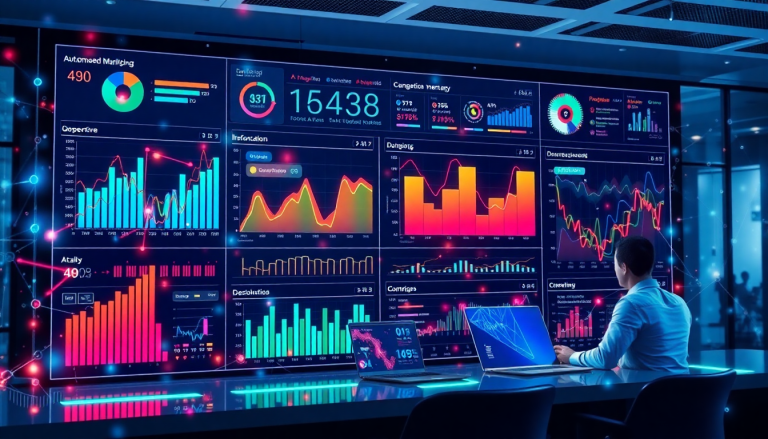 AI data visualization tool for marketing teams displaying marketing analytics automation, AI reporting assistant features, automated dashboard creation, and cross-channel performance tracking on a screen in an office environment.