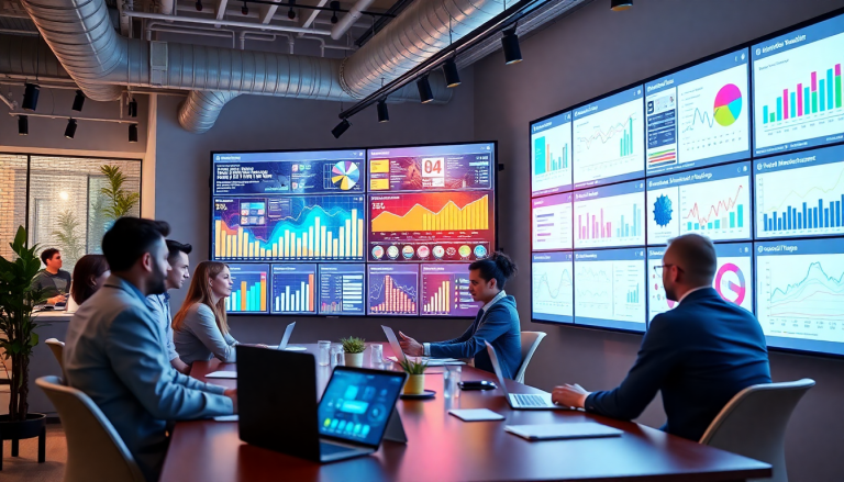 Marketing team using an AI data visualization tool for marketing analytics automation, featuring automated dashboard creation, cross-channel performance tracking, and ROI tracking dashboards on multiple screens.