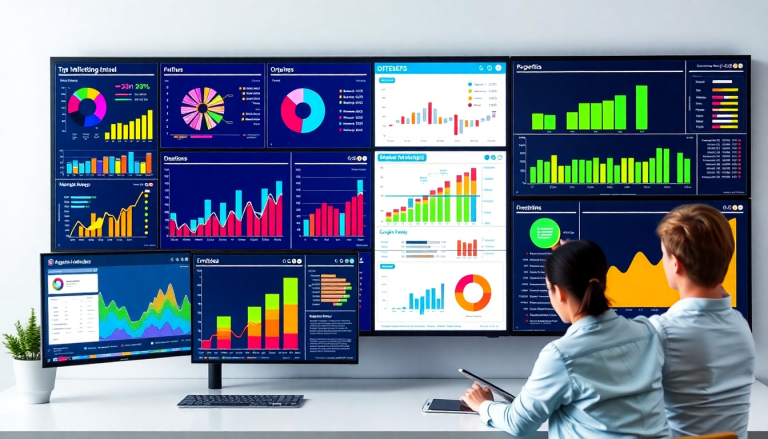 Two people analyzing a marketing analytics dashboard on multiple screens, showcasing automated performance reports, cross-channel analytics, digital marketing data visualization, and performance marketing KPIs, ideal for agency reporting automation and Funnel.io alternative comparison.