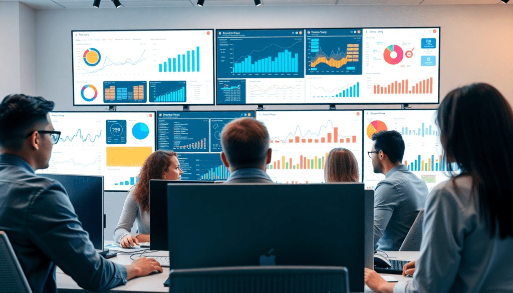Team analyzing automated marketing reports using a cross-channel reporting tool on multiple screens, highlighting NinjaCat alternatives and agency reporting automation.