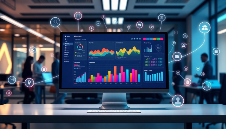 AI-powered marketing dashboard showcasing automated reporting workflows, real-time analytics, and multi-channel data aggregation in an office setting.
