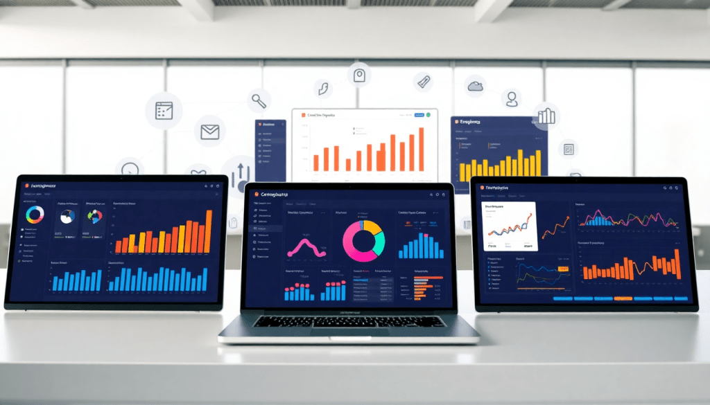 Three laptops displaying analytics dashboards highlighting automated marketing reports, cross-channel reporting, and agency reporting automation as a top NinjaCat alternative and best competitor.