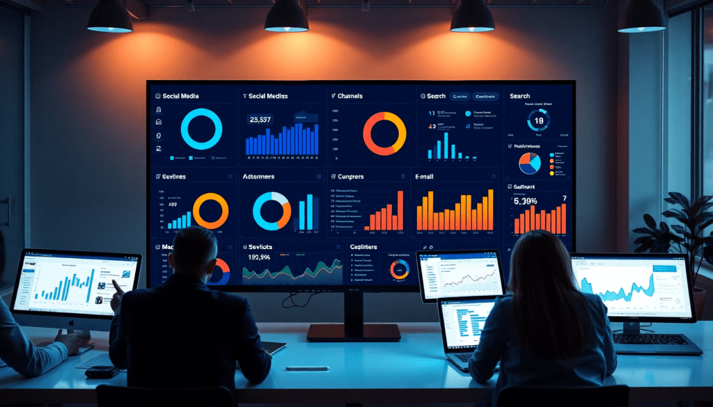 Multi-channel analytics dashboard displaying cross-channel marketing analytics, performance tracking, and campaign performance visualization on a unified reporting platform with integrated marketing metrics.