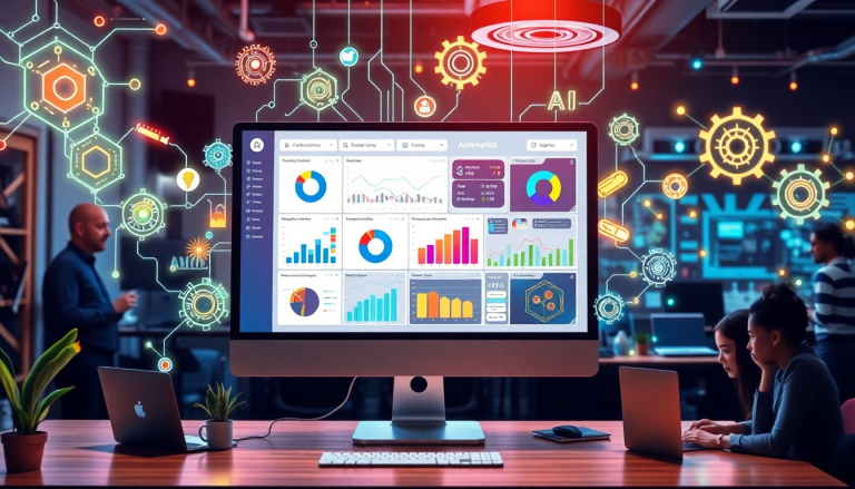 AI-powered marketing dashboard showcasing automated reporting workflows, real-time analytics, multi-channel data aggregation, and cross-platform dashboard creation in an office setting.