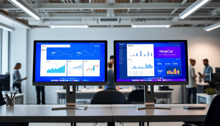 Dual monitors displaying analytics software in an office, showcasing NinjaCat alternative and reporting software for agencies, highlighting cross-channel reporting and white-label analytics tools.
