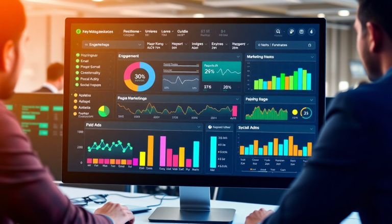 Digital marketing KPI dashboard showcasing marketing metrics visualization, performance tracking dashboard, campaign KPI monitoring, automated KPI reports, and cross-channel analytics for ROI tracking.