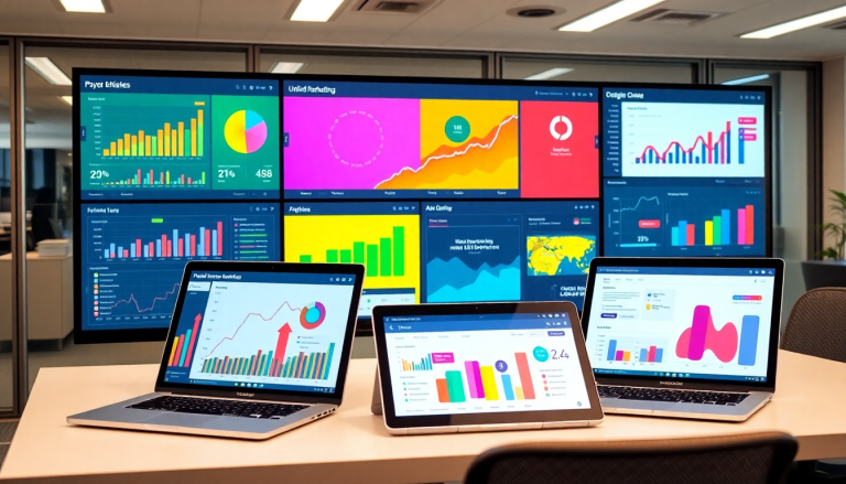 Performance marketing reporting software with automated campaign reporting on laptops and screens displaying performance analytics tools, ad spend optimization dashboards, ROAS tracking platforms, and conversion rate analytics.