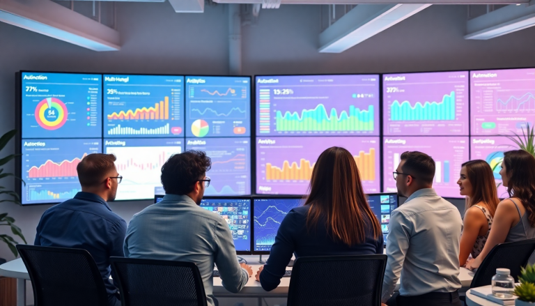 Marketing team analyzing data on a marketing analytics dashboard, showcasing automated performance reports, agency reporting automation, and client dashboard insights for cross-channel analytics and digital marketing data visualization.