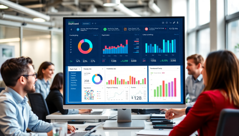 White-label marketing dashboard for agencies displaying customizable client dashboards and automated data visualization features in a collaborative office environment.