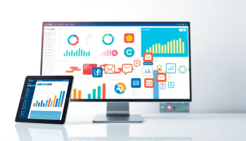 Multi-channel analytics dashboard displaying cross-channel marketing analytics, performance tracking dashboard, and marketing data aggregation with unified reporting platform visuals.