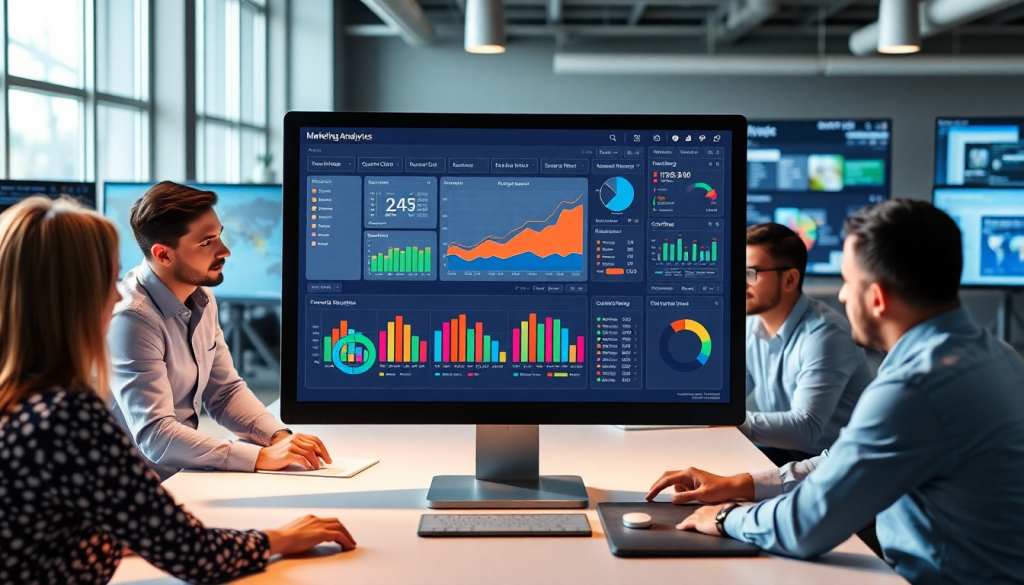 Marketing team analyzing data on a marketing analytics dashboard, showcasing automated performance reports and cross-channel analytics for agency reporting automation and client dashboard insights.