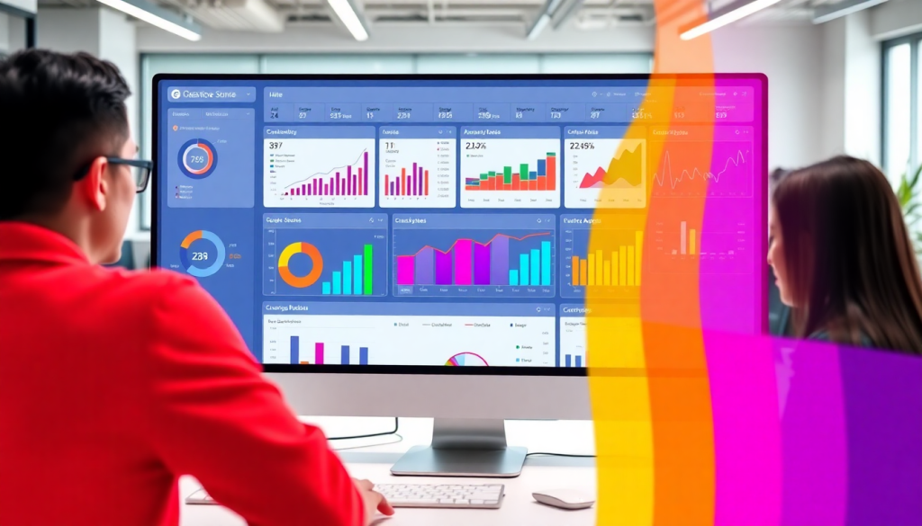 Two individuals analyzing data on a computer screen displaying performance marketing reporting software, featuring automated campaign reporting, conversion rate analytics, and ad spend optimization dashboard.