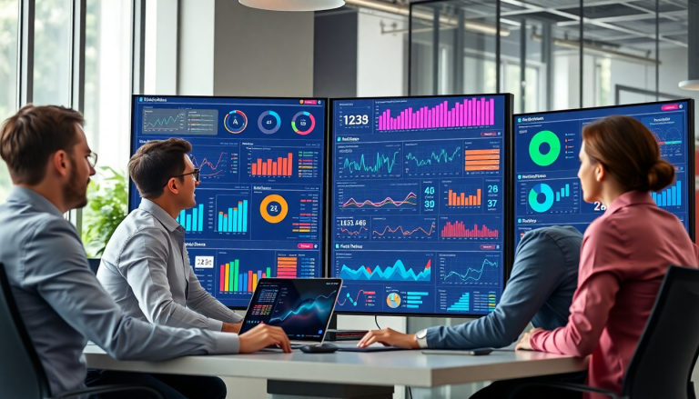 Marketing team using an AI data visualization tool with AI-powered dashboards and real-time marketing metrics to analyze campaign performance and generate automated insights.