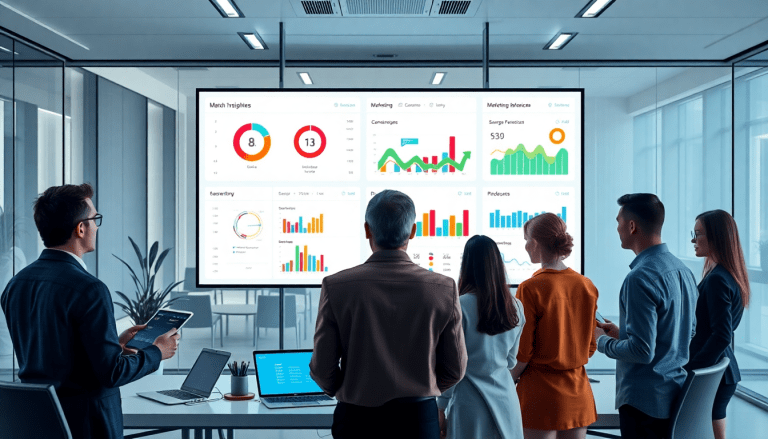 Automated KPI reporting dashboard displaying real-time performance metrics and AI analytics for marketing insights and ROI visualization in a conference room setting.
