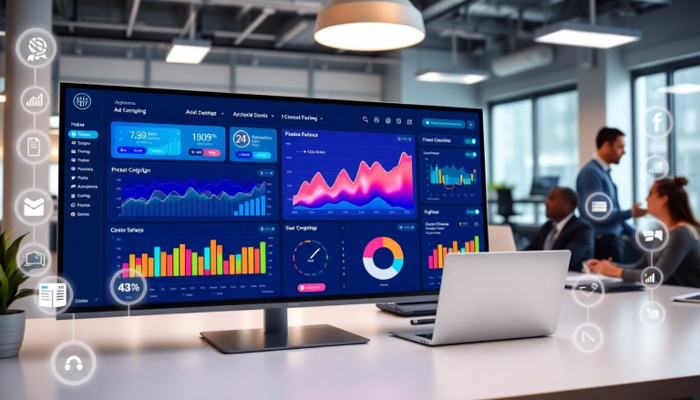 Office setting featuring a large monitor displaying performance marketing reporting software, highlighting automated campaign reporting, ad spend optimization dashboard, performance analytics tool, and digital advertising insights.