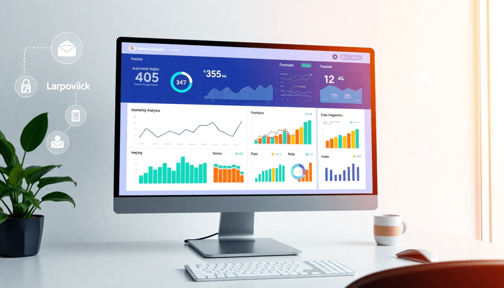 Automated KPI reporting dashboard displaying real-time performance analytics, AI-driven marketing insights, and digital campaign metrics on a computer screen.