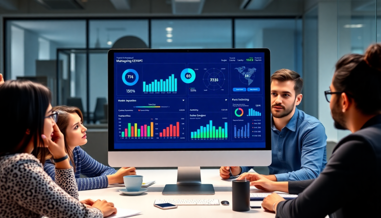 Team discussing a NinjaCat alternative reporting software, featuring a cross-channel reporting tool on a large screen, ideal for agency reporting automation and client dashboard platforms.
