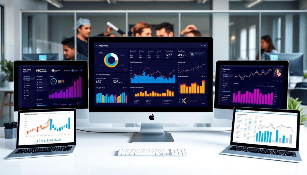 Marketing dashboard automation showcasing digital marketing data visualization, performance marketing KPIs, and cross-channel analytics on multiple screens in an agency setting.
