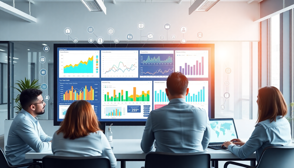AI data visualization tool for marketing teams showcasing AI-powered dashboards and real-time marketing metrics in a collaborative meeting setting.