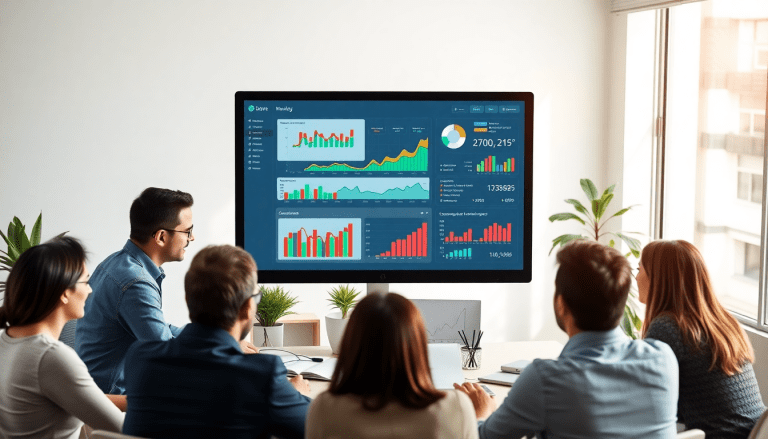 Team analyzing performance marketing reporting software on a screen displaying automated campaign reporting, ad spend optimization dashboard, and cross-channel campaign tracking for digital advertising insights.