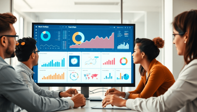 Group of marketing professionals analyzing a Funnel.io alternative marketing analytics dashboard with automated performance reports, agency reporting automation, and cross-channel analytics.
