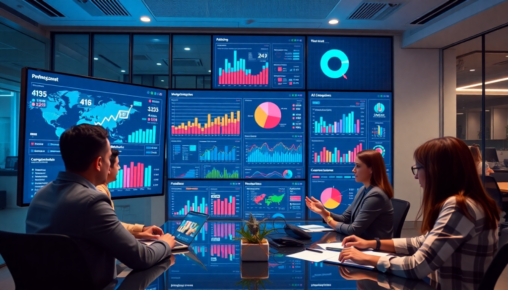 Marketing team utilizing an AI data visualization tool for marketing analytics automation, featuring an AI reporting assistant, automated dashboard creation, cross-channel performance tracking, client analytics automation, marketing data visualization, ROI tracking dashboard, TapClicks AI platform, marketing intelligence automation, and campaign performance insights.