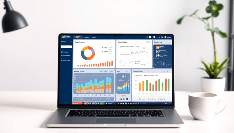 Laptop displaying performance marketing reporting software with automated campaign reporting, performance analytics tool, ad spend optimization dashboard, ROAS tracking platform, and conversion rate analytics.