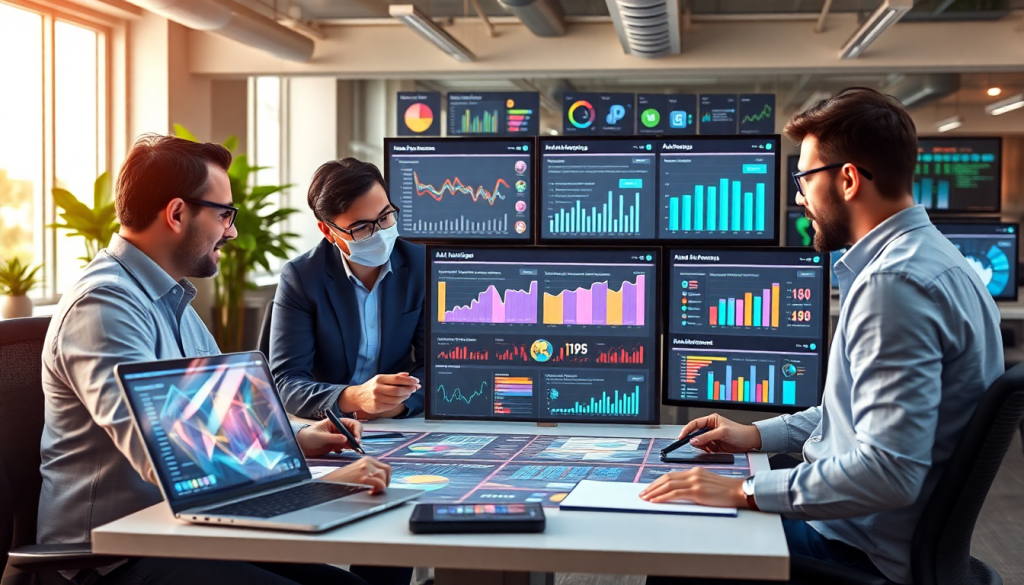 Marketing team using an AI data visualization tool for marketing analytics automation, featuring an AI reporting assistant and automated dashboard creation for cross-channel performance tracking and client analytics.