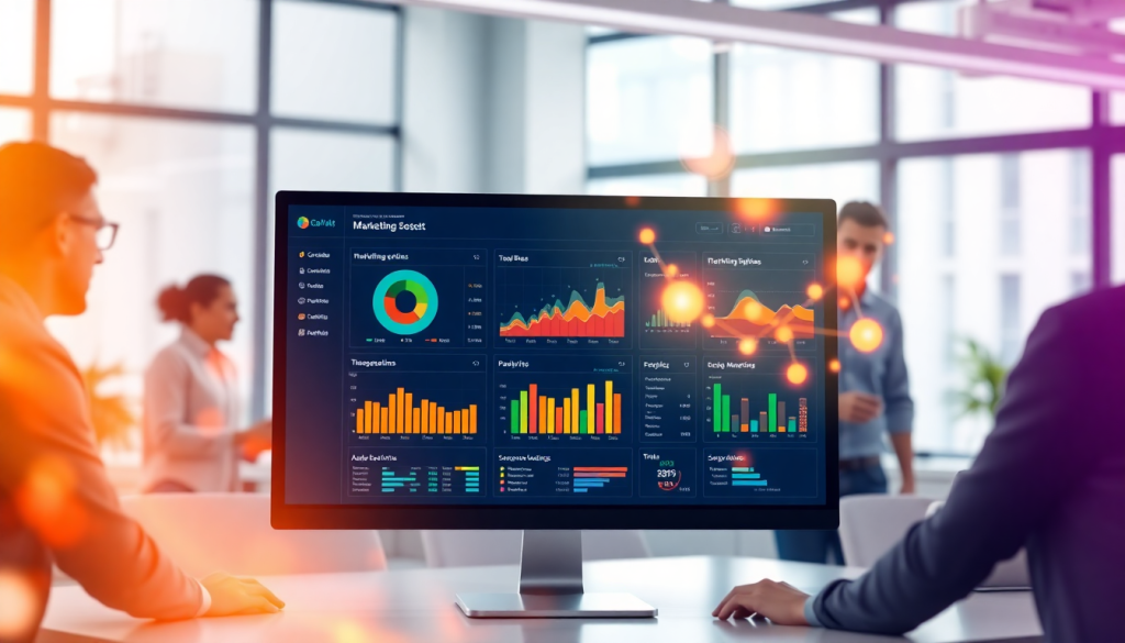 AI data visualization tool for marketing teams displaying automated dashboard creation, cross-channel performance tracking, and ROI tracking dashboard in a modern office setting.