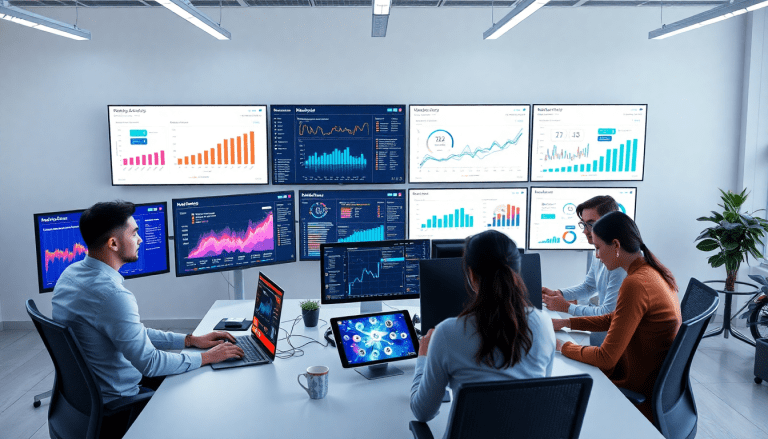 Collaborative team analyzing a marketing analytics dashboard with automated performance reports and client dashboard insights, showcasing cross-channel analytics on a digital screen setup, illustrating a Funnel.io alternative for reporting automation agencies.